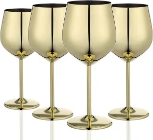 Gold Wine Glasses Set of 4, 18oz Unbreakable Gold Goblet, Stainless Steel Wine Glass, Metal Wine Glass for Outdoor, Travel, Camping, Pool, Ideal Gift for Wine Lovers