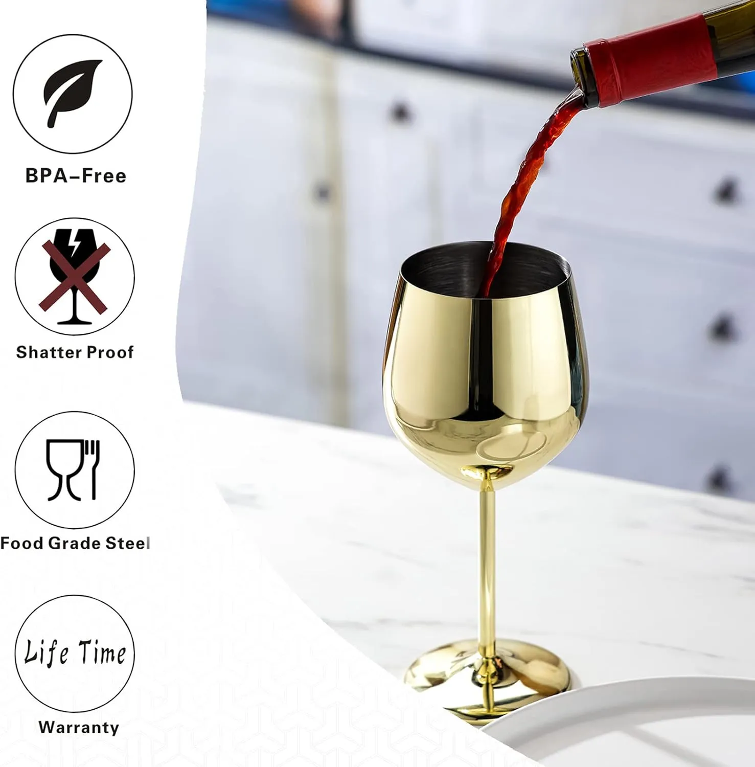Gold Wine Glasses Set of 4, 18oz Unbreakable Gold Goblet, Stainless Steel Wine Glass, Metal Wine Glass for Outdoor, Travel, Camping, Pool, Ideal Gift for Wine Lovers