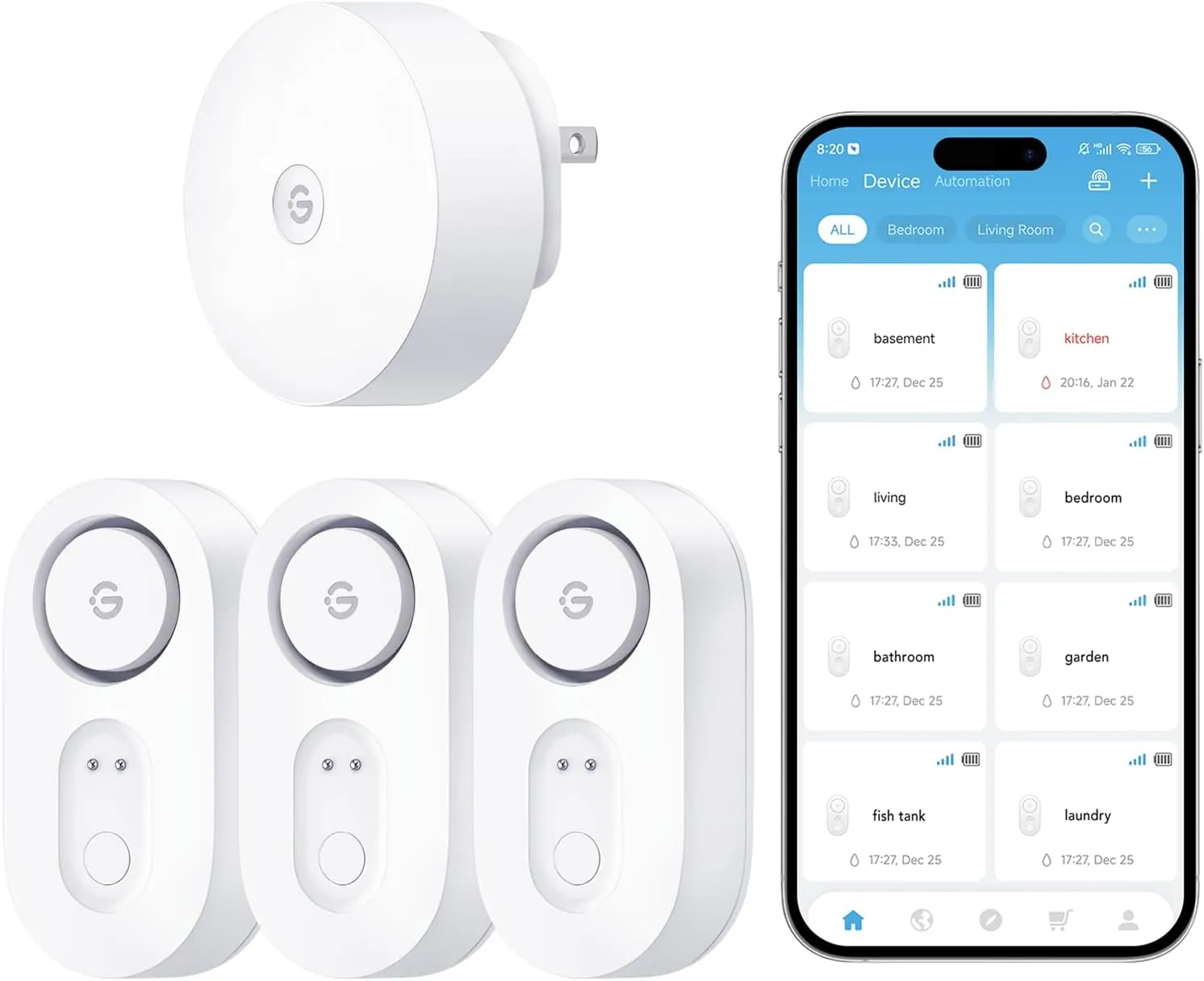 GoveeLife Upgraded Smart Water Leak Detector 1s with 1804ft Long Monitoring Range, WiFi Water Sensor with Email/APP Push and Sound Alarm,5-Year Battery Life, 3 Pack, Suit for Home, Basement, Kitchen