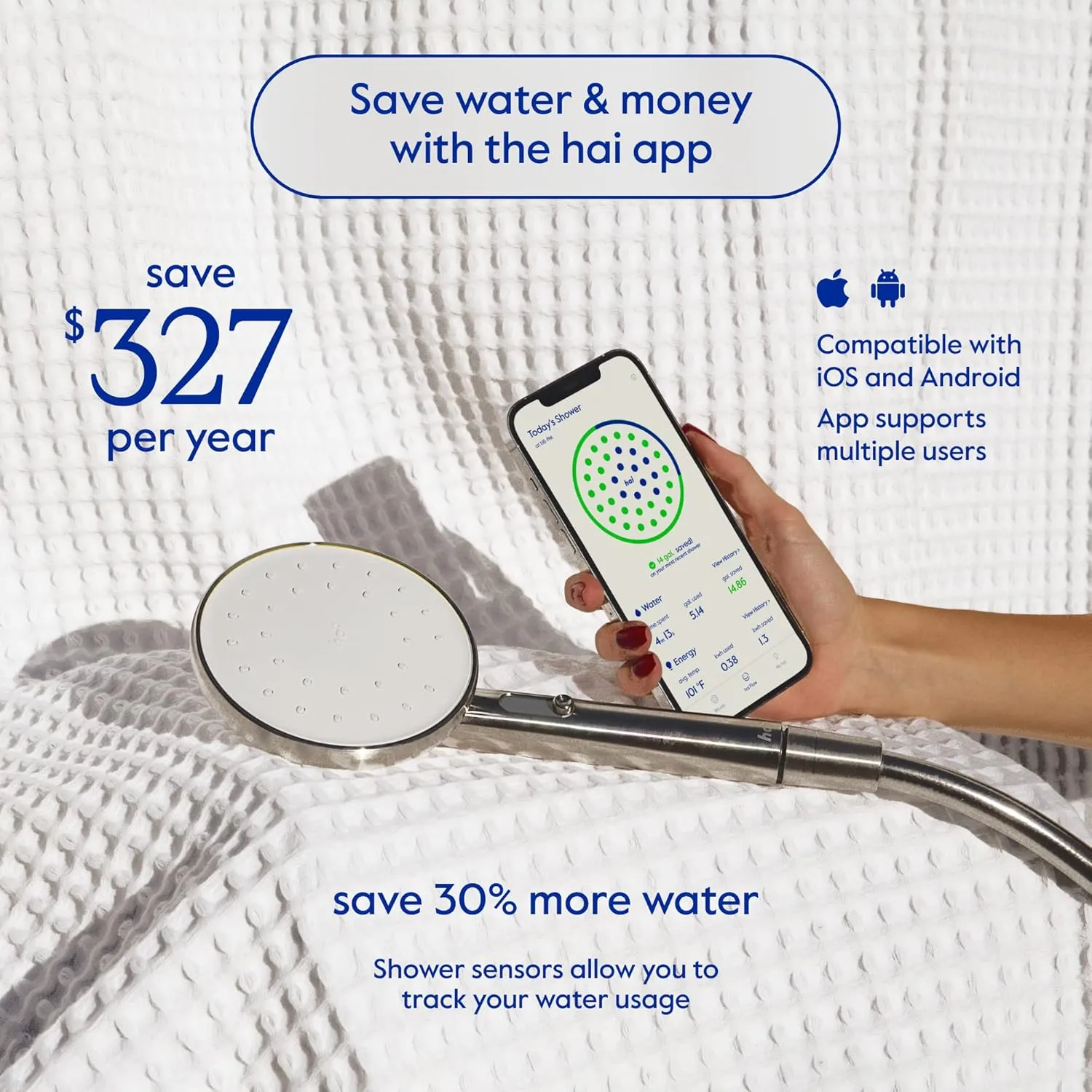 hai Smart Shower Head, Bluetooth Handheld Water Saving Showerhead with Adjustable High Pressure to Spa-Like Mist, Stainless Steel, Easy Installation, Customizable LED Lights, Moon, 1.8 GPM