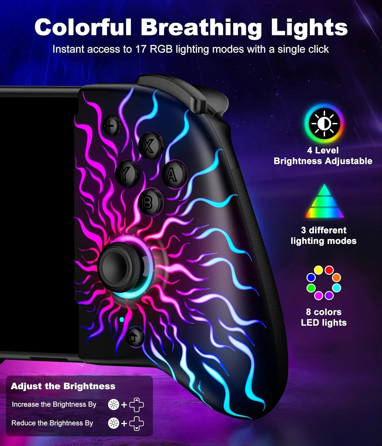 Hall Effect Joystick Controller for Nintendo Switch/OLED, Wireless One-Piece Handheld Switch Joypad - Macro, Adjustable Light, Ergonomic Grip, Turbo, Flame Pattern