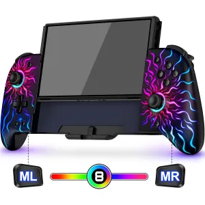Hall Effect Joystick Controller for Nintendo Switch/OLED, Wireless One-Piece Handheld Switch Joypad - Macro, Adjustable Light, Ergonomic Grip, Turbo, Flame Pattern