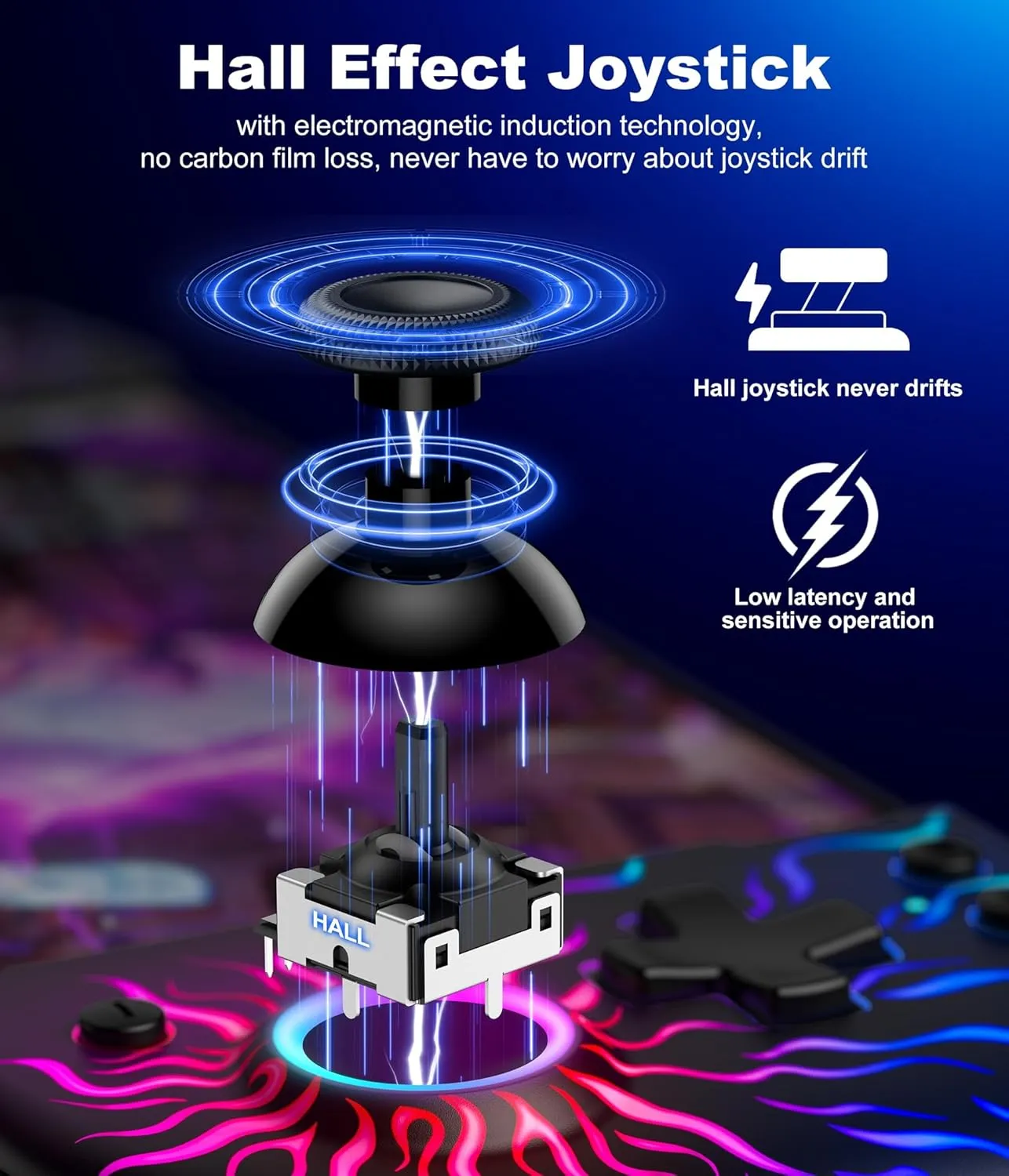 Hall Effect Joystick Controller for Nintendo Switch/OLED, Wireless One-Piece Handheld Switch Joypad - Macro, Adjustable Light, Ergonomic Grip, Turbo, Flame Pattern
