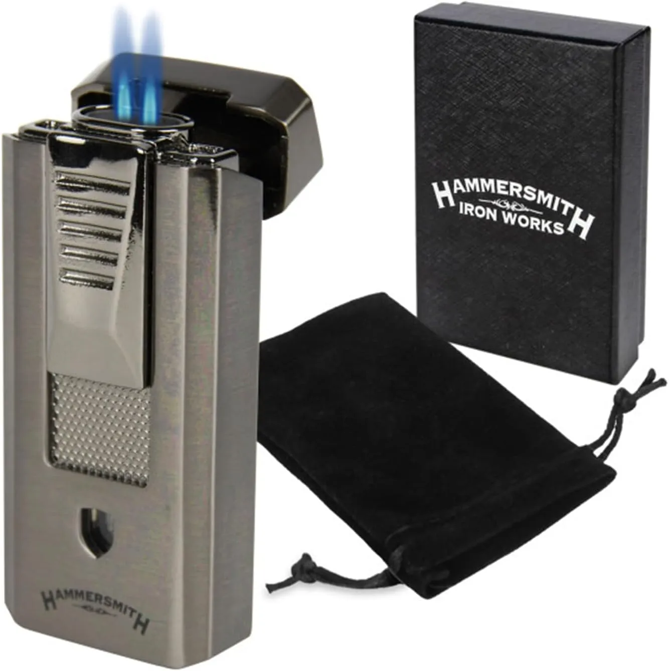 Hammersmith Delta Double-Flame Butane Torch Lighter for Cigars and Cigarettes, Refillable Lighters, Mini Torch with All-Metal Body, Flip-Out Punch Cutter, and Fuel Window - Gunmetal
