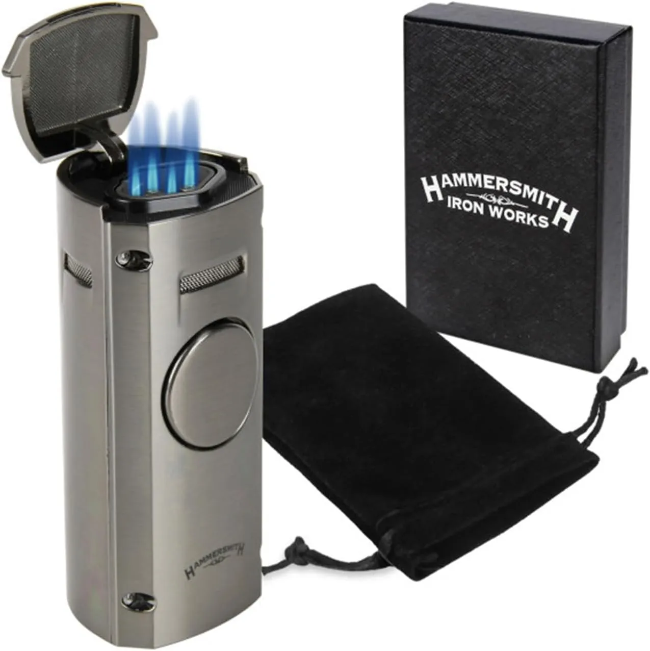 Hammersmith Howitzer Table Butane Torch Lighter for Cigars and Cigarettes, Refillable Lighters, Cigar Torch with Fold-Out Punch Cutter, Push-Button Ignition, & Flame Adjustment - Gunmetal