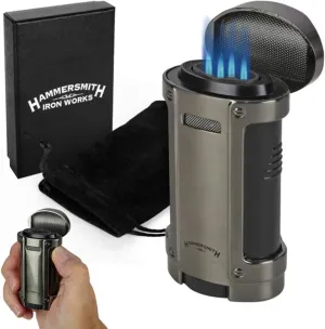 Hammersmith The Tank Quad-Flame Butane Torch Lighter for Cigars and Cigarettes, Refillable Lighters, Mini Torch with High-Capacity, See-Through Fuel Tank (Without Fuel), Flame Adjuster, and Cigar Rest