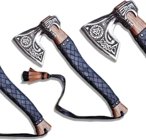 Hand Forged Carbon Steel Head with Hardened & Razor Sharpened Edge – Custom Norse Tomahawk Battle Axe with Premium Leather Sheath – Bearded Vikings Battle Axe - Leather Wrapping Ash Wood Shaft