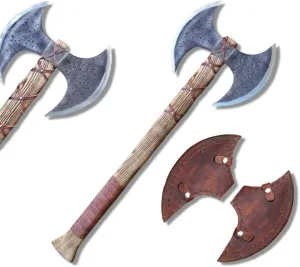 Hand Forged Carbon Steel Medieval Warrior Double Head Axe, Viking Double Sided Axe with Ash Wood Handle and Leather Sheath, Best for Hunting, Camping, and Collection