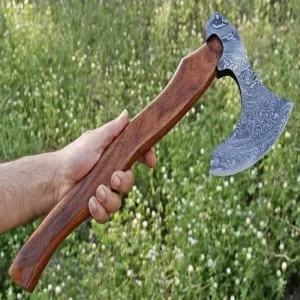 Hand-Forged Damascus Steel Axe with Sheath for Camping