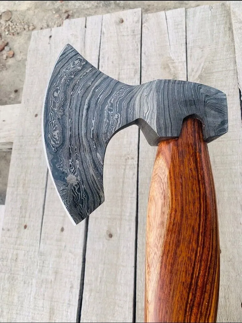 Hand-Forged Damascus Steel Axe with Sheath for Camping
