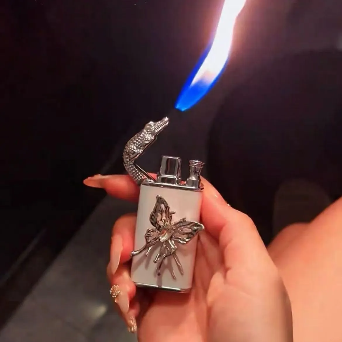 Handmade Butterfly Embossed Metal Lighter - Adjustable Dual Flame Windproof Refillable Butane Lighters for Candles, Gifts and Decorations (Fuel Not Included)(Pink1)