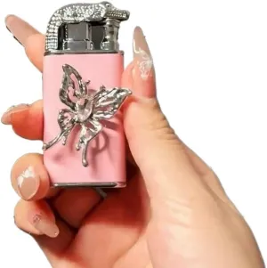 Handmade Butterfly Embossed Metal Lighter - Adjustable Dual Flame Windproof Refillable Butane Lighters for Candles, Gifts and Decorations (Fuel Not Included)(Pink1)
