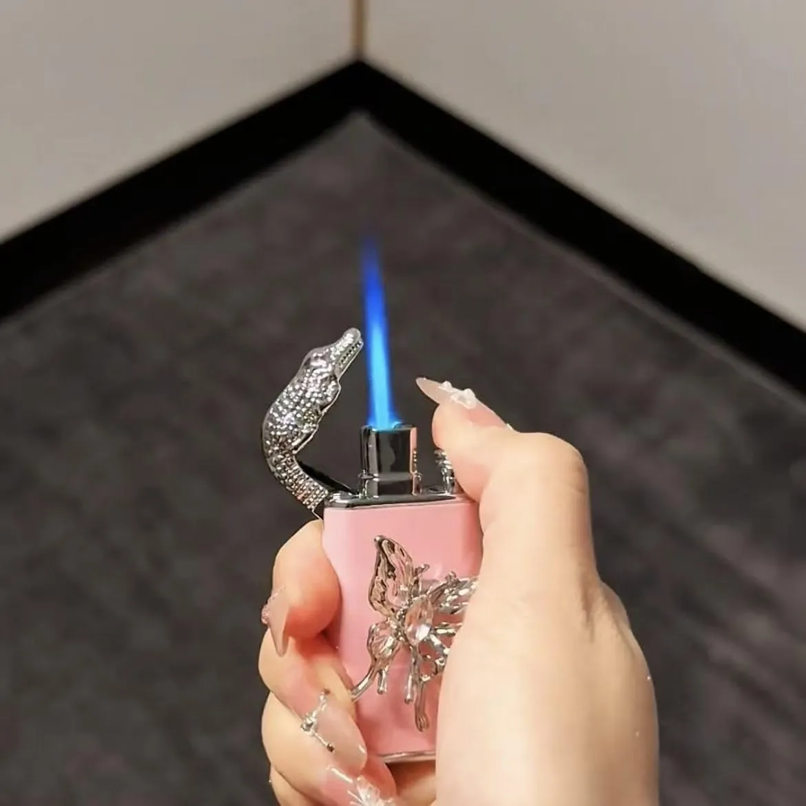 Handmade Butterfly Embossed Metal Lighter - Adjustable Dual Flame Windproof Refillable Butane Lighters for Candles, Gifts and Decorations (Fuel Not Included)(Pink1)
