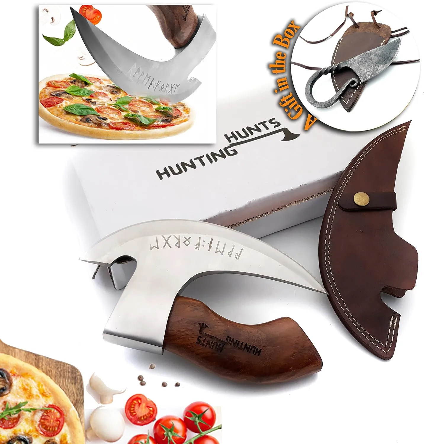 Handmade Viking Pizza Cutter with Rosewood Handle - Super Sharp Carbon Steel Axe Blade - Small Kitchen Knife with Leather Sheath - Gift for Pizza Lovers - HH-HK-001