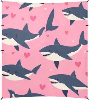Happy Valentine Cartoon Cartoon Shark Fish Pink Foldable Beach Tent UPF50 Water-Resistant Sun Shade with Sand Shovel for Camping, Picnics, Backyard