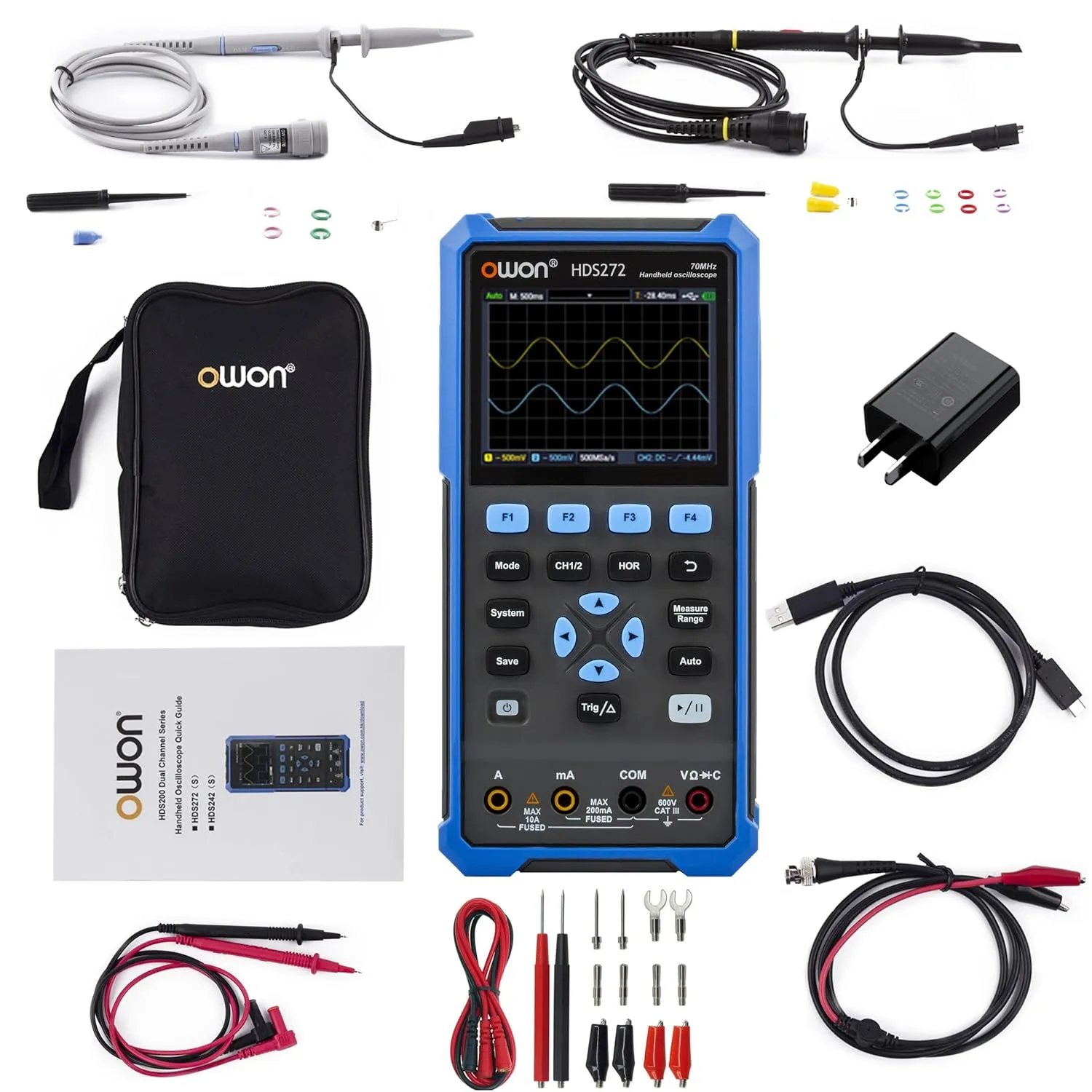 HDS272 Oscilloscope 2 in 1 2CH Digital Handheld Oscilloscope Multiumeter 3.5" LCD 70MHz Bandwidth 20000 Counts Multiumeter OSC DMM for Automobile Maintenance,Power Detection