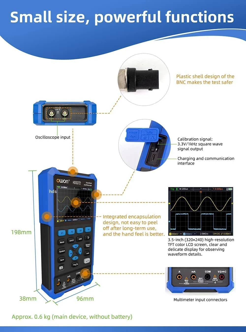 HDS272 Oscilloscope 2 in 1 2CH Digital Handheld Oscilloscope Multiumeter 3.5" LCD 70MHz Bandwidth 20000 Counts Multiumeter OSC DMM for Automobile Maintenance,Power Detection