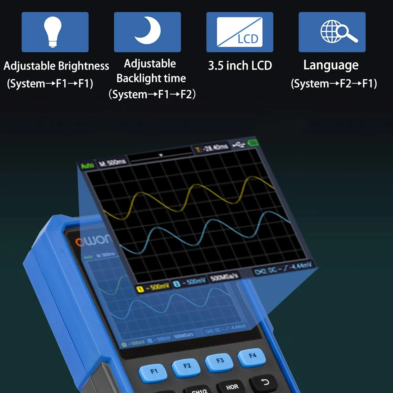HDS272 Oscilloscope 2 in 1 2CH Digital Handheld Oscilloscope Multiumeter 3.5" LCD 70MHz Bandwidth 20000 Counts Multiumeter OSC DMM for Automobile Maintenance,Power Detection