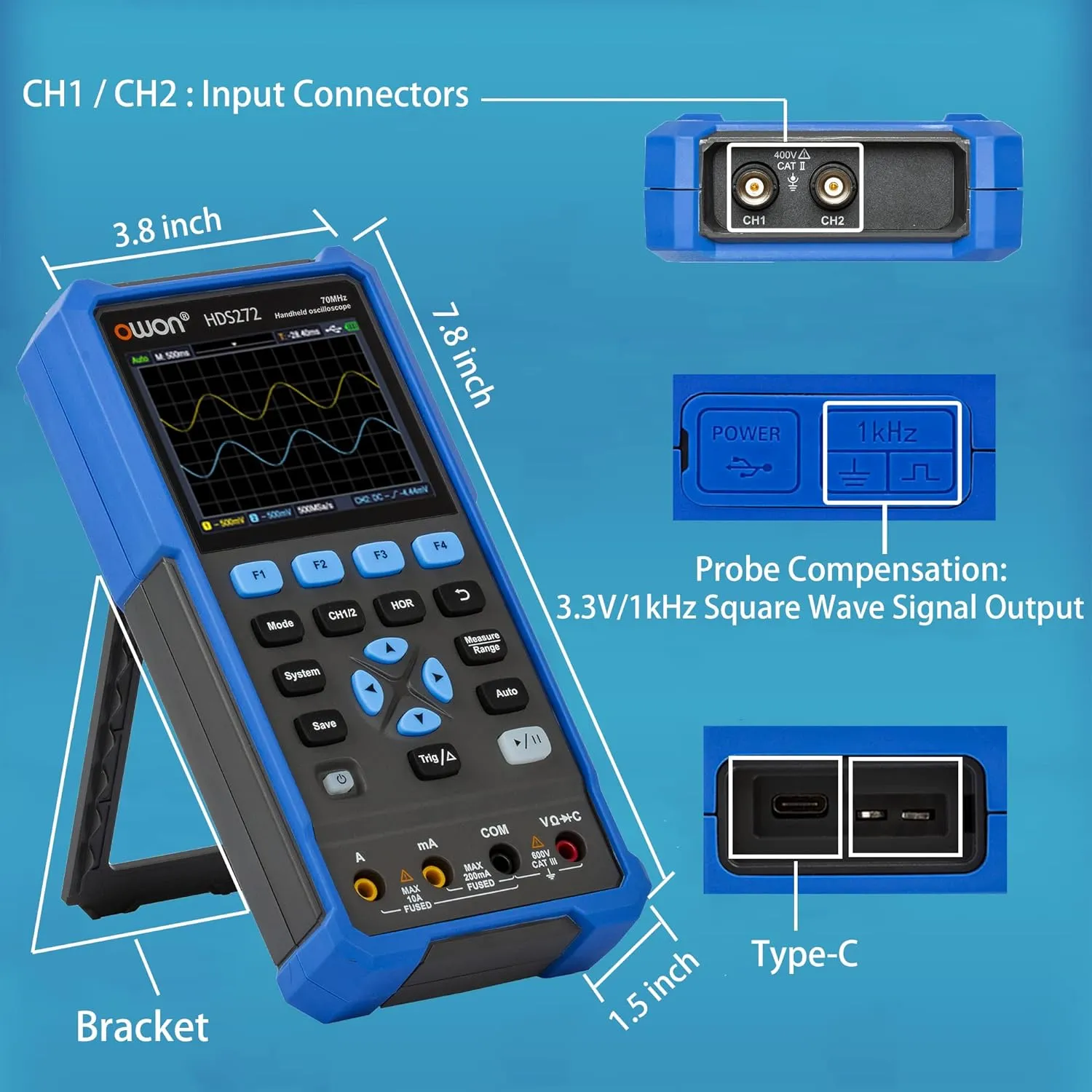 HDS272 Oscilloscope 2 in 1 2CH Digital Handheld Oscilloscope Multiumeter 3.5" LCD 70MHz Bandwidth 20000 Counts Multiumeter OSC DMM for Automobile Maintenance,Power Detection