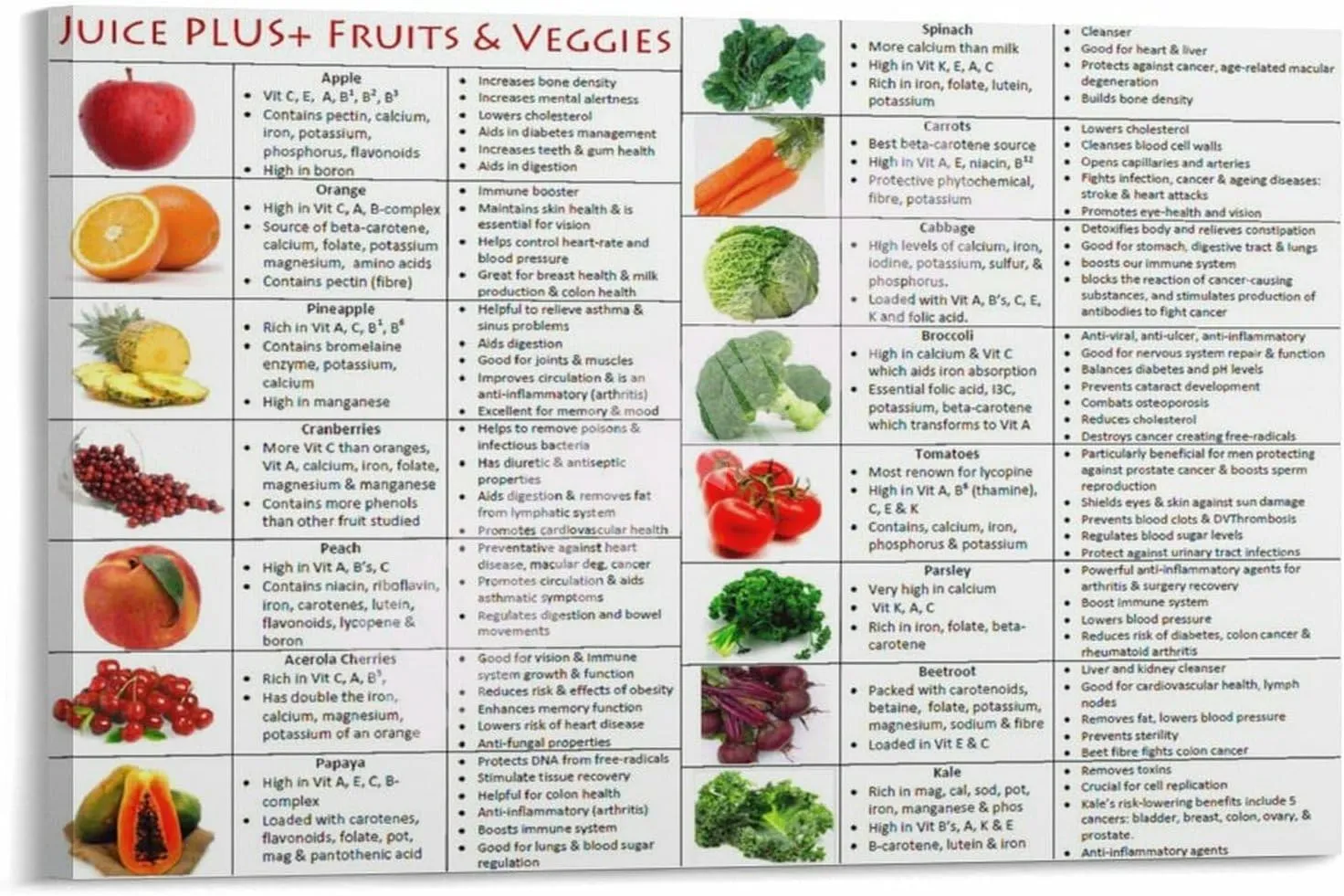 Healthy Food Juice Plus Fruit Vegetable ​knowledge Poster Canvas Painting Posters And Prints Wall Art for Living Room Bedroom Decor 30x20inch(75x50cm) Frame-style