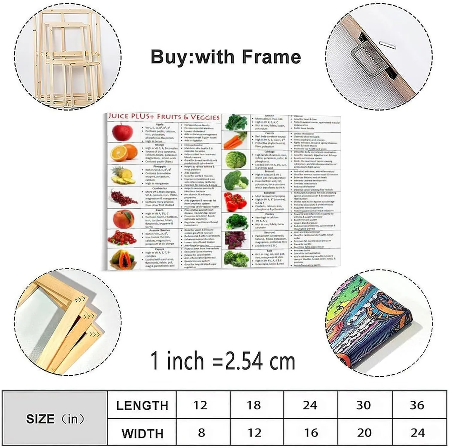 Healthy Food Juice Plus Fruit Vegetable ​knowledge Poster Canvas Painting Posters And Prints Wall Art for Living Room Bedroom Decor 30x20inch(75x50cm) Frame-style