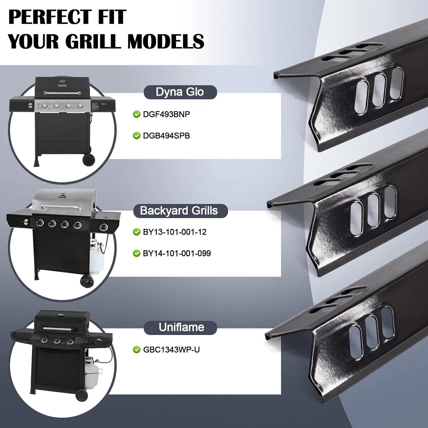 Hiorucet Grill Replacement Parts for Dyna Glo DGF493BNP, DGB494SPB, Backyard Grills BY13-101-001-12, BY14-101-001-099 and Uniflame GBC1343WP-U. Grill Grates, Heat Plates Shields for Dyna Glo 4 Burner.
