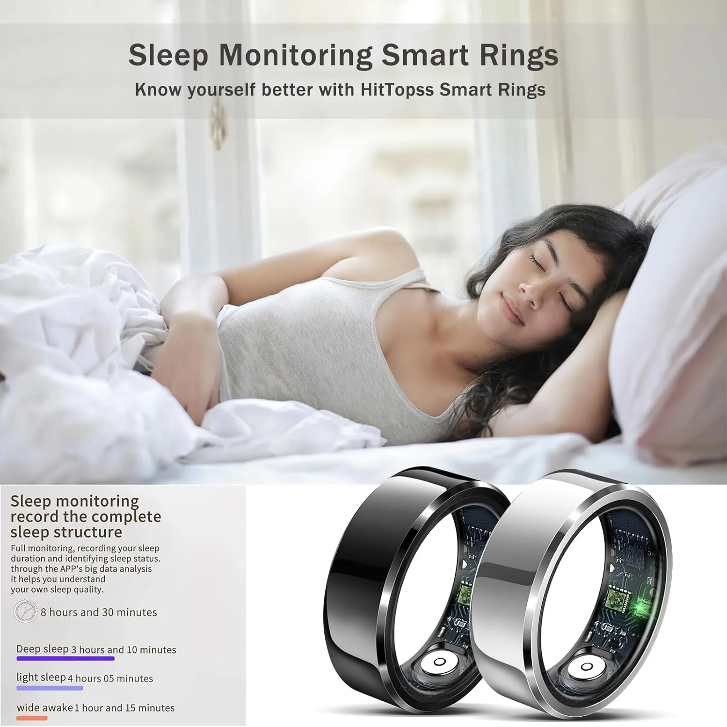 HitTopss Smart Ring, Fitness Sleep Health Tracker Rings for Men Women, No APP Subscription, Sleep Tracking, Heart Rate, Blood Oxygen, IP68 Waterproof (Black, 10#)