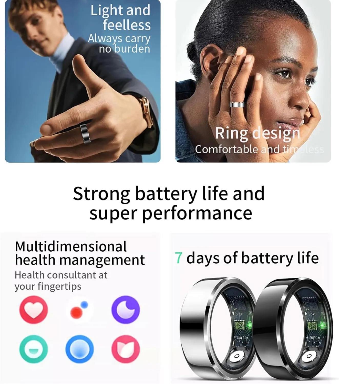 HitTopss Smart Ring, Fitness Sleep Health Tracker Rings for Men Women, No APP Subscription, Sleep Tracking, Heart Rate, Blood Oxygen, IP68 Waterproof (Black, 10#)