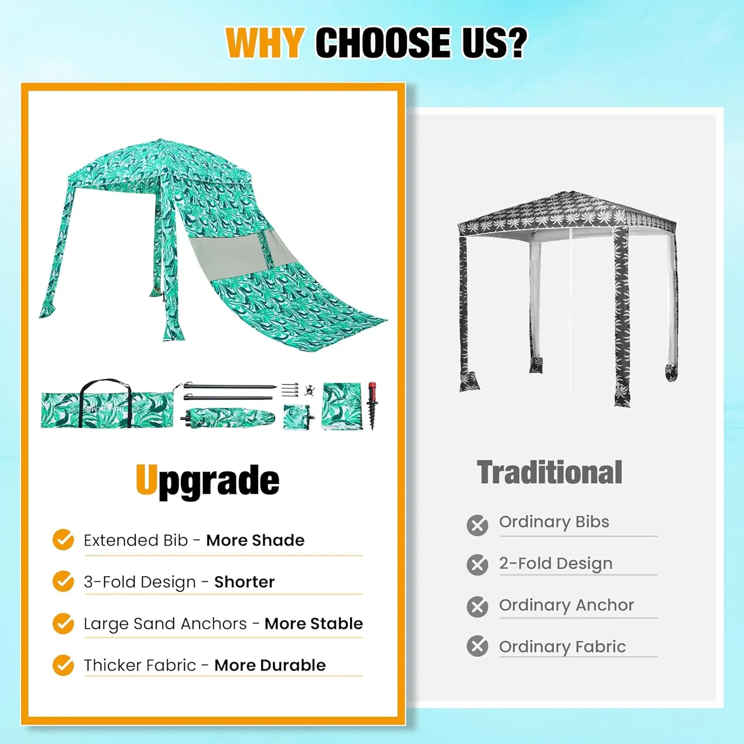 HOMEDEMO Beach Cabana UPF 50 , 6'×6' Beach Canopy, Easy Set up and Take Down, Cool Cabana Beach Tent with Sand Pockets, Side Wall Beach Shade Canopy Wind Waterproof for Kids, Family & Friends