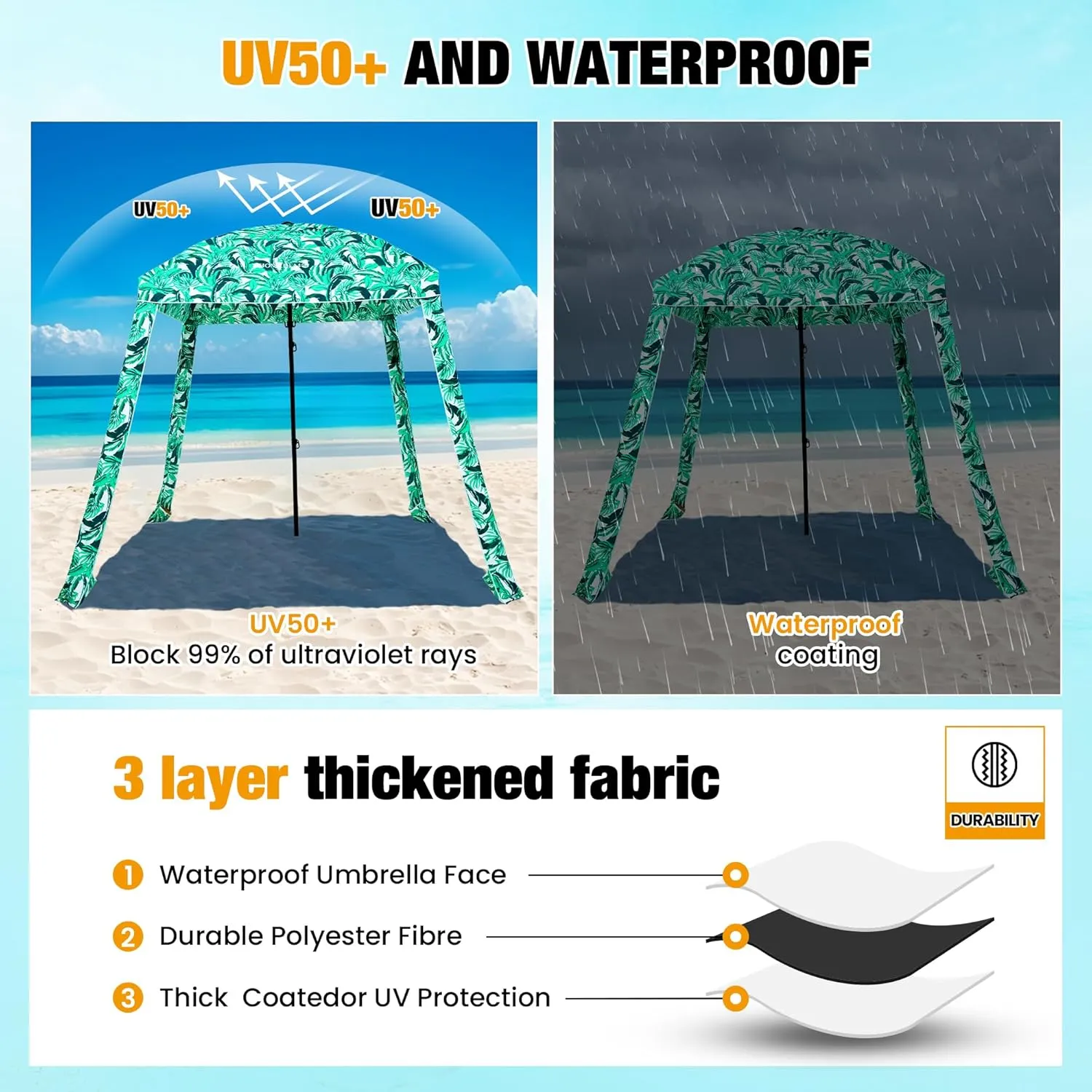 HOMEDEMO Beach Cabana UPF 50 , 6'×6' Beach Canopy, Easy Set up and Take Down, Cool Cabana Beach Tent with Sand Pockets, Side Wall Beach Shade Canopy Wind Waterproof for Kids, Family & Friends
