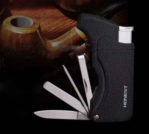 Honest Multi Function Cigarette Cigar Lighter Refillable Butane Gas Lighter with Pipe Tools - Black 1 Pcs