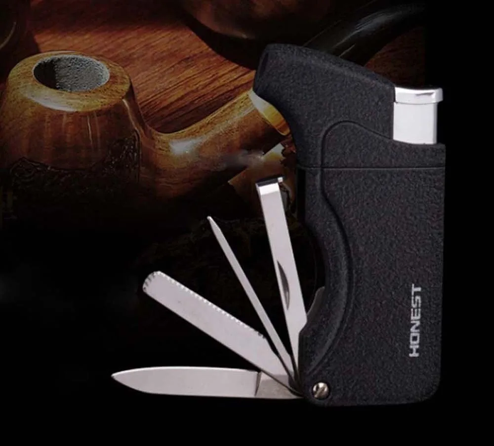 Honest Multi Function Cigarette Cigar Lighter Refillable Butane Gas Lighter with Pipe Tools - Black 1 Pcs