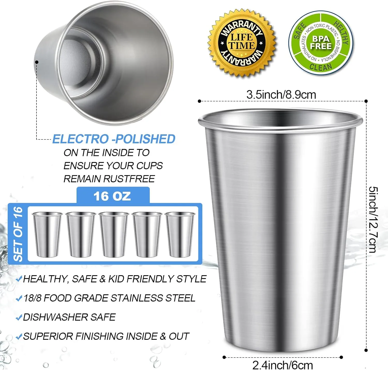 Honeydak 16 Pack Stainless Steel Cups 16 oz Metal Camping Cups Stackable Stainless Steel Pint Tumblers Shatterproof Drinking Glasses for Adults Travel, Outdoor, Camping, Everyday