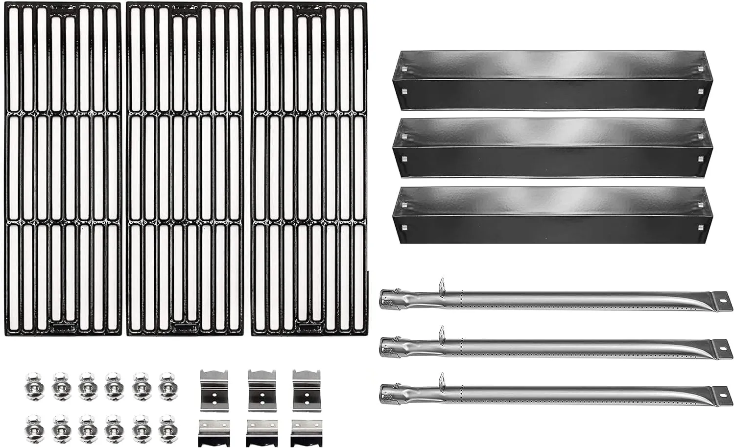 Hongso Grill Parts for Chargriller 5050, 3001, 3008, 3030, 4000, 2121, King Griller 3008, 5252, Cast Iron Grill Grates Heat Plates Burners and Hanger Brackets Included
