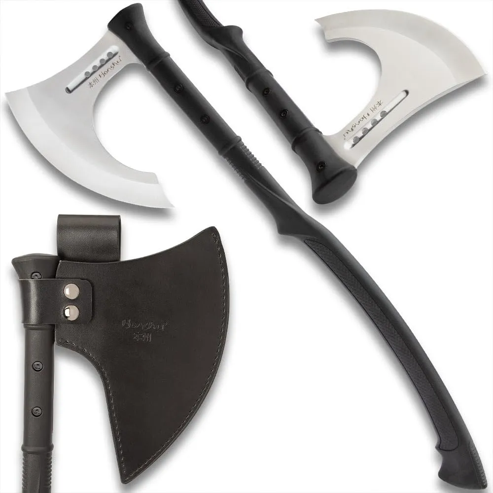 HONSHU Karito Battle Axe with Leather Sheath - 7Cr13 Stainless Steel Blade, Impact-Resistant Injection-Molded Nylon Handle, EDM Textured - Tradition and Innovation - Great for Breaching - Length 27”