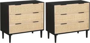 HOPUBUY 3 Drawer Dresser Set of 2 for Bedroom, Rattan Dresser Modern Closet Dressers Chest of Drawers, Wood Black 3 Drawer Storage Chest for Kids Bedroom, Hallway, Living Room
