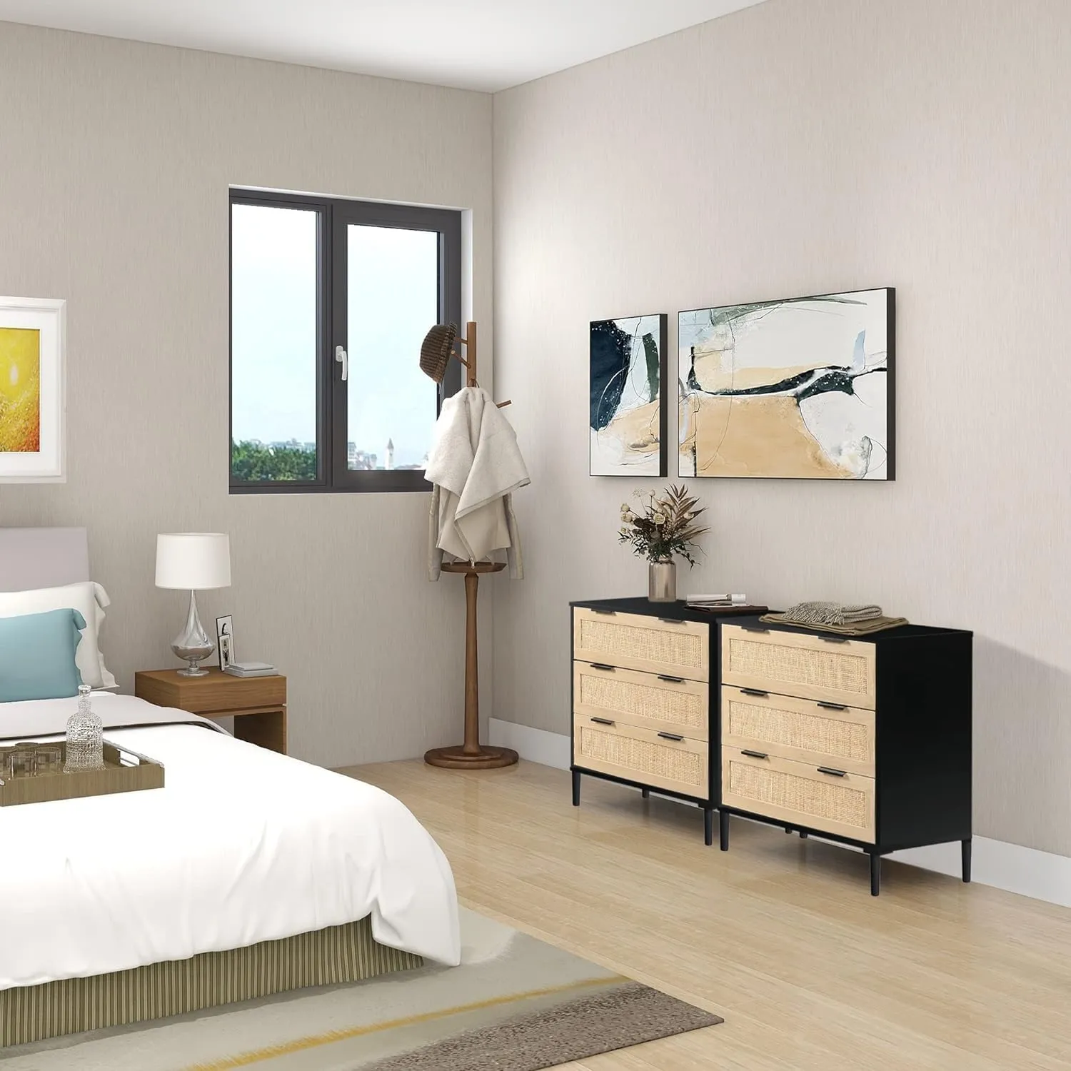 HOPUBUY 3 Drawer Dresser Set of 2 for Bedroom, Rattan Dresser Modern Closet Dressers Chest of Drawers, Wood Black 3 Drawer Storage Chest for Kids Bedroom, Hallway, Living Room