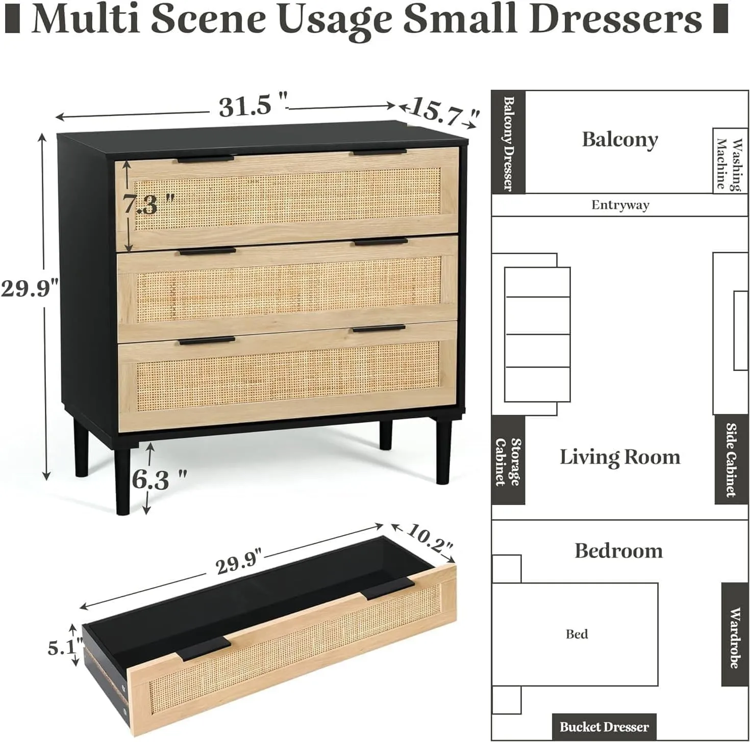 HOPUBUY 3 Drawer Dresser Set of 2 for Bedroom, Rattan Dresser Modern Closet Dressers Chest of Drawers, Wood Black 3 Drawer Storage Chest for Kids Bedroom, Hallway, Living Room