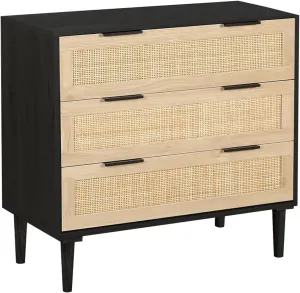 HOPUBUY 3 Drawer, Rattan Dresser Modern Closet Dressers Chest of Drawers, Wood Black Storage Chest for Kids, Hallway, Living Room