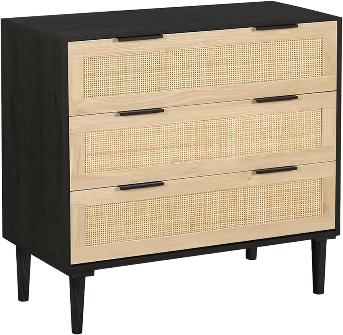 HOPUBUY 3 Drawer, Rattan Dresser Modern Closet Dressers Chest of Drawers, Wood Black Storage Chest for Kids, Hallway, Living Room