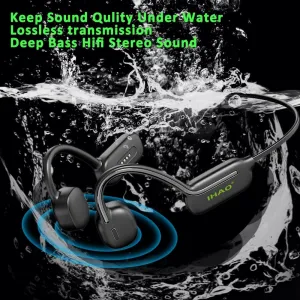 IHAO Swimming Headphones True Bone Conduction Open Ear Headset MP3 Player Built-in 32G Memory IP68 Underwater Waterproof Stereo Bluetooth Earphone for Driving Bicycling Running Skiing-Black