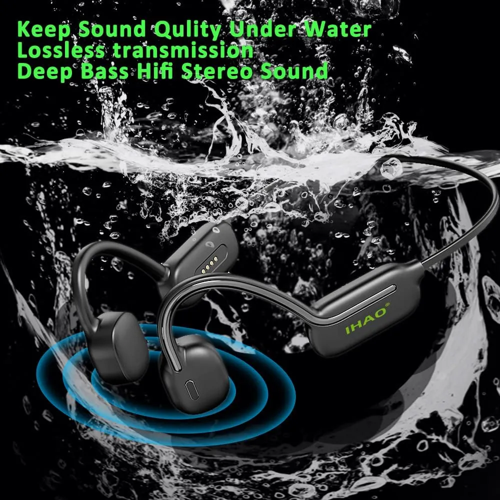 IHAO Swimming Headphones True Bone Conduction Open Ear Headset MP3 Player Built-in 32G Memory IP68 Underwater Waterproof Stereo Bluetooth Earphone for Driving Bicycling Running Skiing-Black