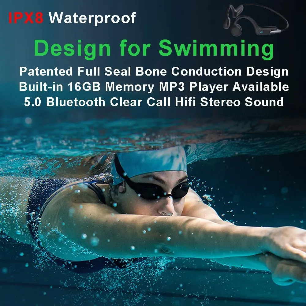 IHAO Swimming Headphones True Bone Conduction Open Ear Headset MP3 Player Built-in 32G Memory IP68 Underwater Waterproof Stereo Bluetooth Earphone for Driving Bicycling Running Skiing-X6 Black