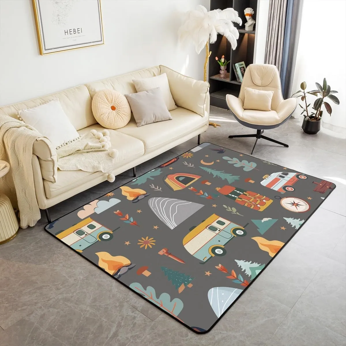 jejeloiu Happy Camping Living Room Rugs for Bedroom Kids Boys Girls Area Rug 3x5 Travel Bag Tent Print Decor Carpet Soft Shaggy Absorben Outdoor Travel Indoor Floor Mat Camping Travel Trailers Themed