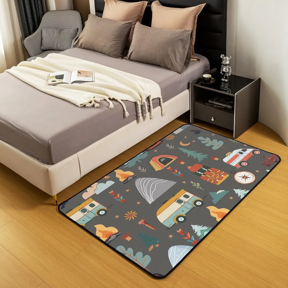 jejeloiu Happy Camping Living Room Rugs for Bedroom Kids Boys Girls Area Rug 3x5 Travel Bag Tent Print Decor Carpet Soft Shaggy Absorben Outdoor Travel Indoor Floor Mat Camping Travel Trailers Themed