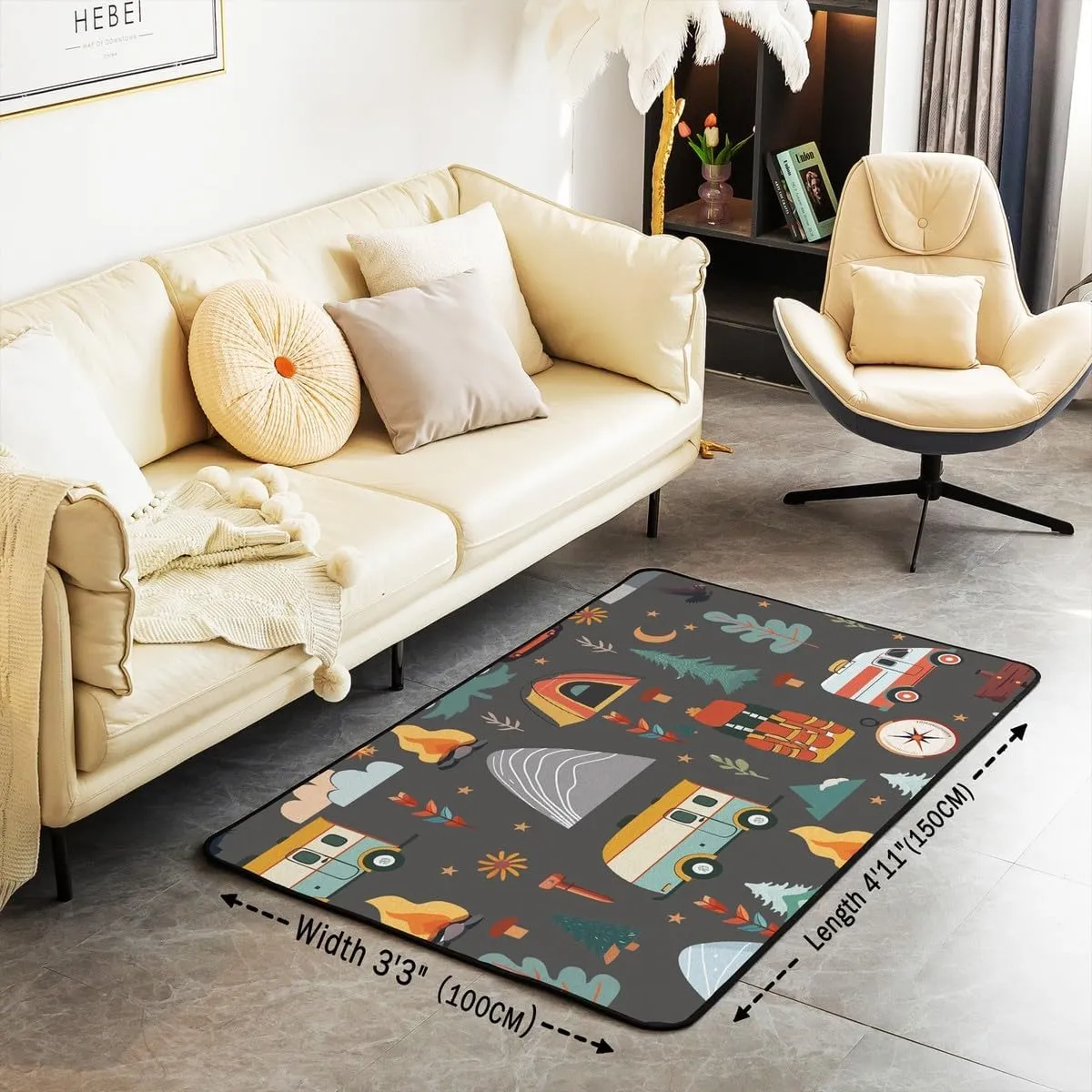 jejeloiu Happy Camping Living Room Rugs for Bedroom Kids Boys Girls Area Rug 3x5 Travel Bag Tent Print Decor Carpet Soft Shaggy Absorben Outdoor Travel Indoor Floor Mat Camping Travel Trailers Themed