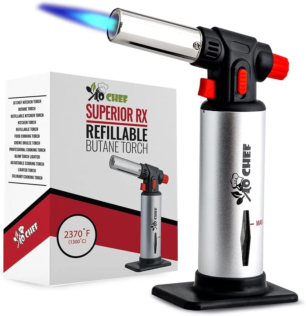 Jo Chef Butane Torch Lighter, Cooking Torch - Refillable Adjustable Flame Lighter with Safety Lock for BBQ, Baking, Brulee Creme, DIY   FREE Recipe eBook