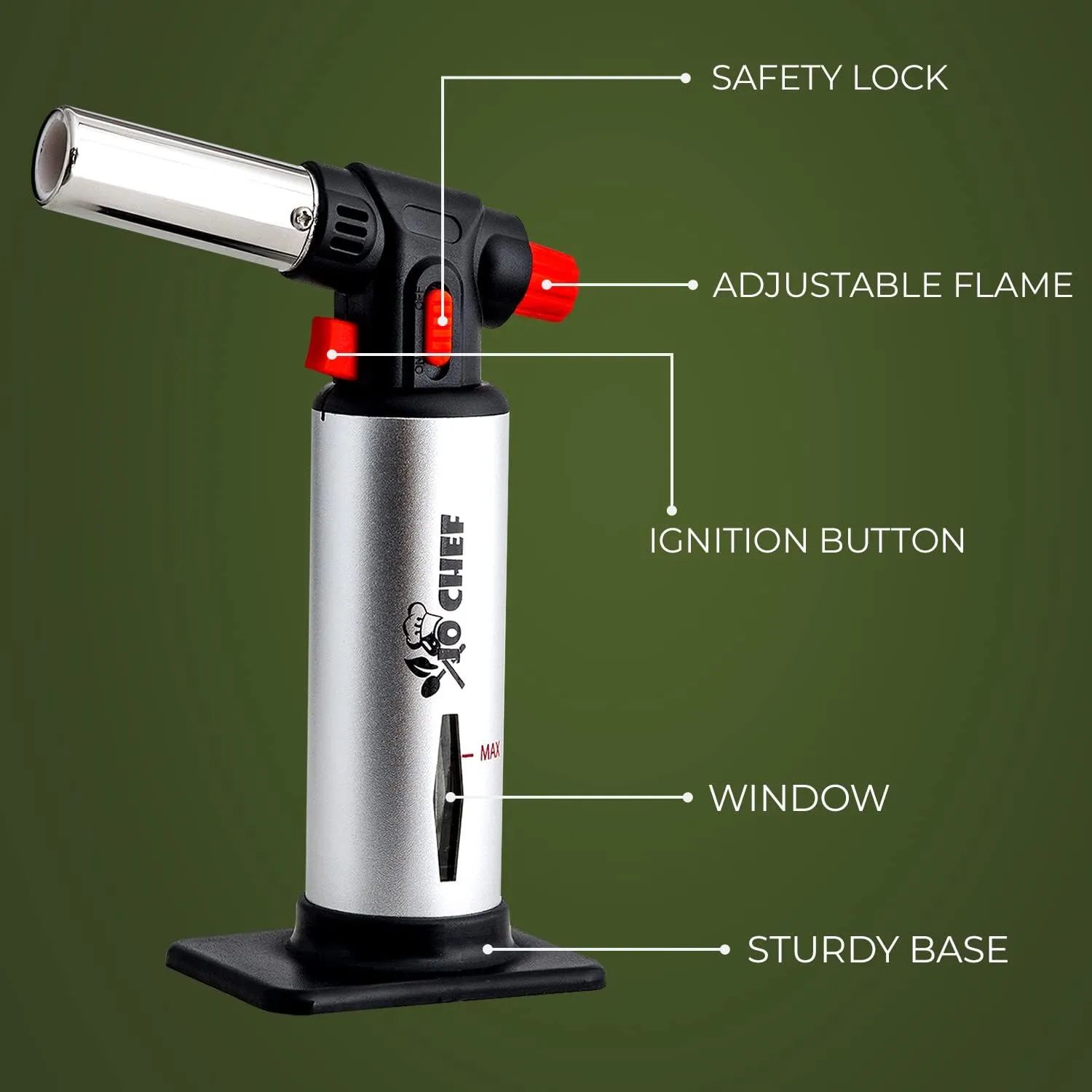 Jo Chef Butane Torch Lighter, Cooking Torch - Refillable Adjustable Flame Lighter with Safety Lock for BBQ, Baking, Brulee Creme, DIY   FREE Recipe eBook