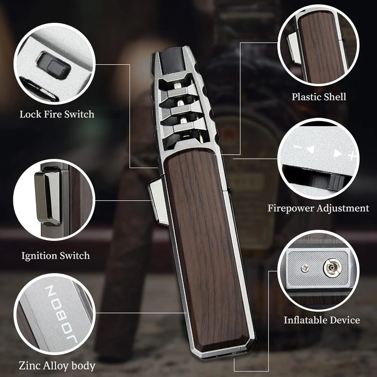 JOBON Butane Torch Lighter, Refillable Blow Jet Solar Flamethrower Best Torches, for Baking Cooking BBQ Kitchen Camping Creme Brûlée - No Gas Included (Old Gray Lacquer with Brown)