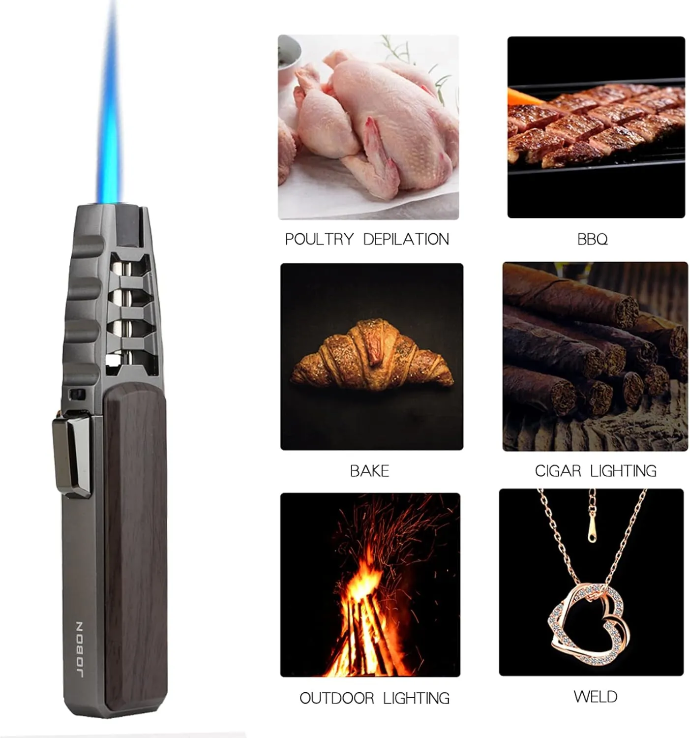 JOBON Butane Torch Lighter, Refillable Blow Jet Solar Flamethrower Best Torches, for Baking Cooking BBQ Kitchen Camping Creme Brûlée - No Gas Included (Old Gray Lacquer with Brown)